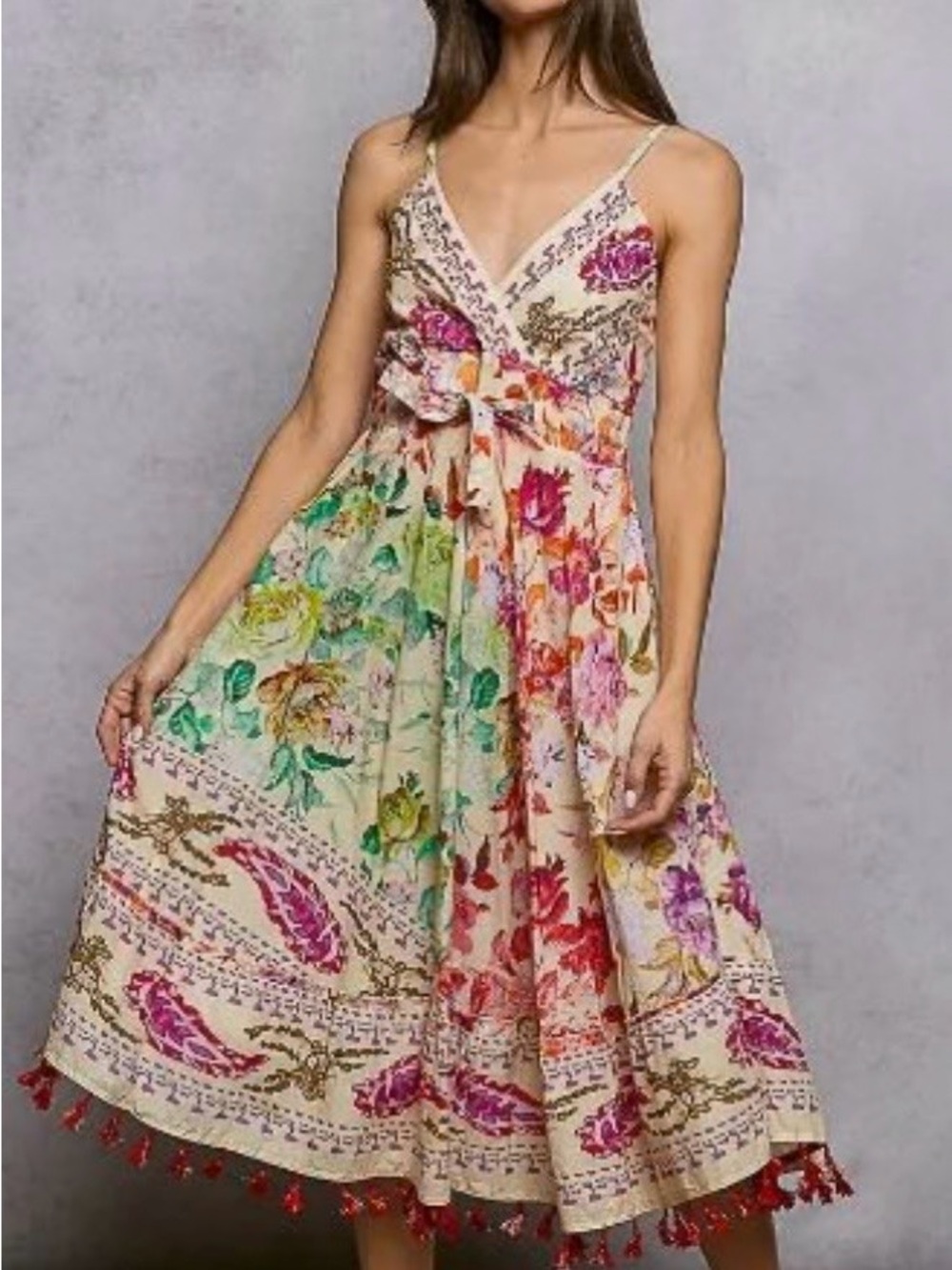 NWOT!  Ranees Floral Tie-Waist Midi Dress Sequins Tassels ~ L